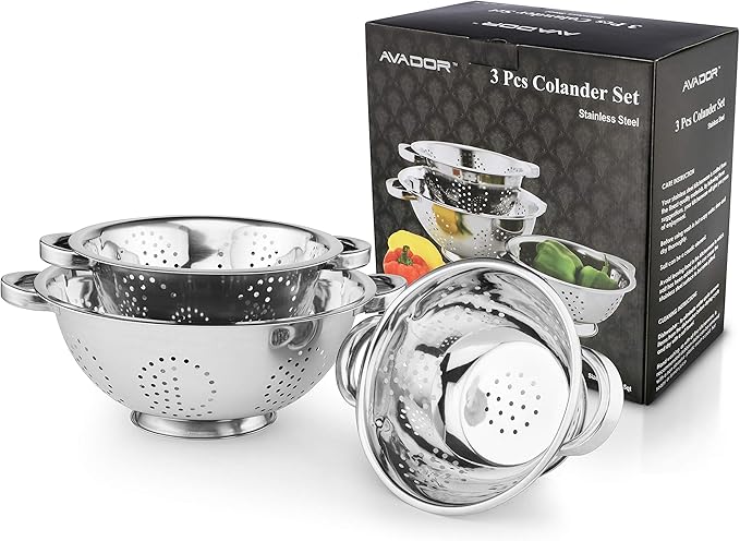 Set of 3 Stainless Steel Colanders, Comes in 1.5 Quart 3qt Quart and 5 Quart for all your Cooking | Baking | Prepping Needs