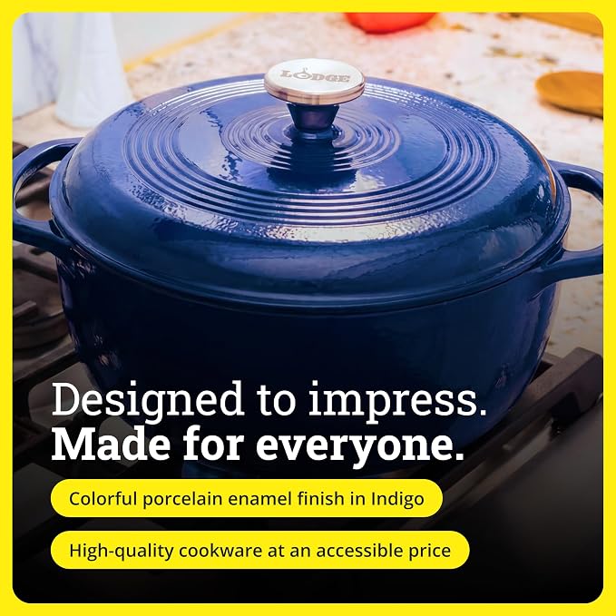 Lodge Essential Enamel Cast Iron Dutch Oven with Lid 7.5 Quart - Oven-Safe Enamel Cookware up to 500° F - Heat-Retaining Braising & Roasting Pot - Non-Toxic Cookware - Indigo