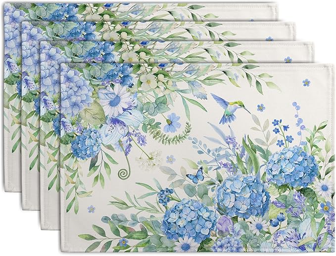 Blue Hydrangea Placemats Set of 4 Spring Summer Floral Green Leaf Bird Table Mat 12x18 Inch Rustic Daisy Flowers Hummingbird Place Mats for Party Kitchen Dining Outdoor Indoor Decor