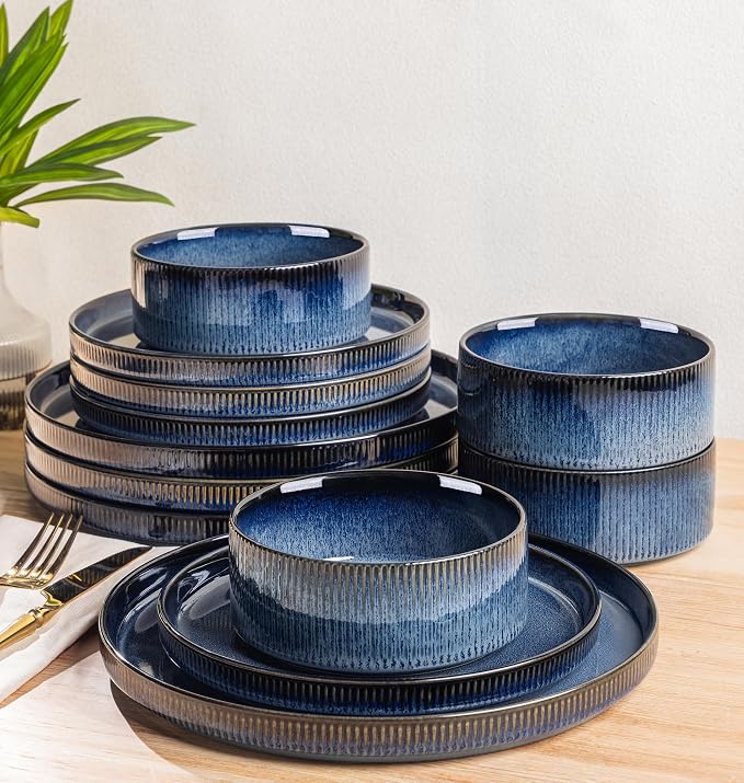 Ceramic Dinnerware Set for 4, 12-Piece Plates and Bowls Set | Lightweight Porcelain Dish Set, Scratch Resistant, Oven & Microwave & Dishwasher Safe, Starry Blue