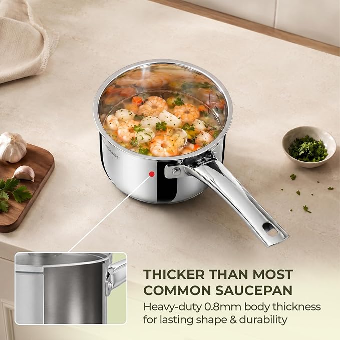SUNHOUSE 2 QT Stainless Steel Sauce Pan with Lid, Small Pot for Cooking | PFOA-Free Uncoated Milk Pan & Butter Warmer, Mini Saucepan with Impact Bonding Base for Induction, Gas, Electric