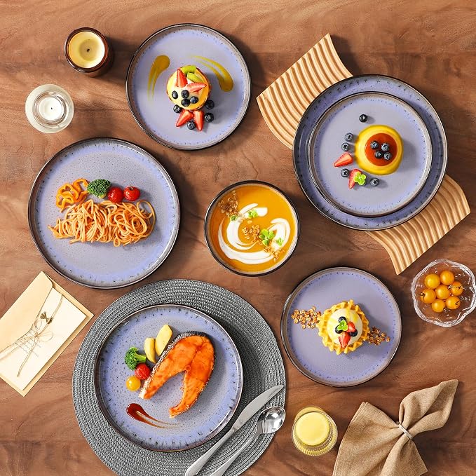 vancasso Plates and Bowls Sets, 24 Pieces Stoneware Dinnerware Sets for 8, Kitchen Dish Set Mircowave and Dishwasher Safe Ceramic Dishware, Purple, Series AMBER