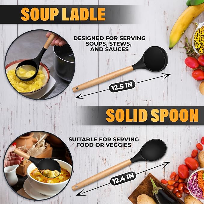 14 Pcs Black Kitchen Utensils Set with Holder for Nonstick Cookware | Silicone Cooking Utensils Set for BBQ; Heat-Resistant Tools with Wooden Handles for Baking, Serving, Frying, and Mixing