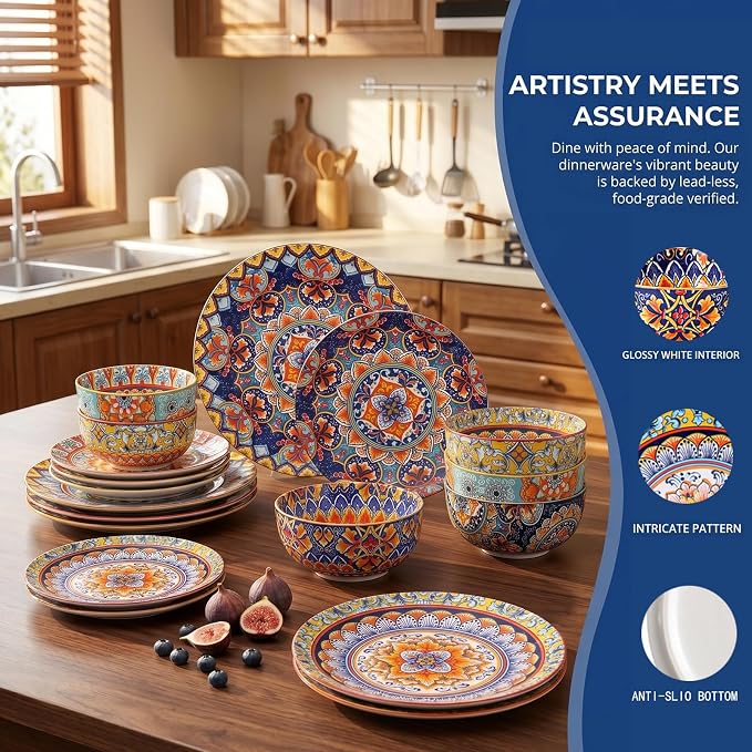 12-Piece Bohemian Porcelain Dinnerware Set for 4, Colorful Plates & Bowls | Ceramic Dish Set for Kitchen, Scratch Resistant, Microwave & Dishwasher, Decorative Tableware for Wall Decor & Housewarming