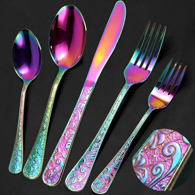 Meythway 60-Piece Vintage Carved Rainbow Silverware Set for 12, Stainless Steel Flatware Set with Knife/Fork/Spoon, Cutlery Set for Home and Kitchen, Utensil Set with Dishwasher Safe