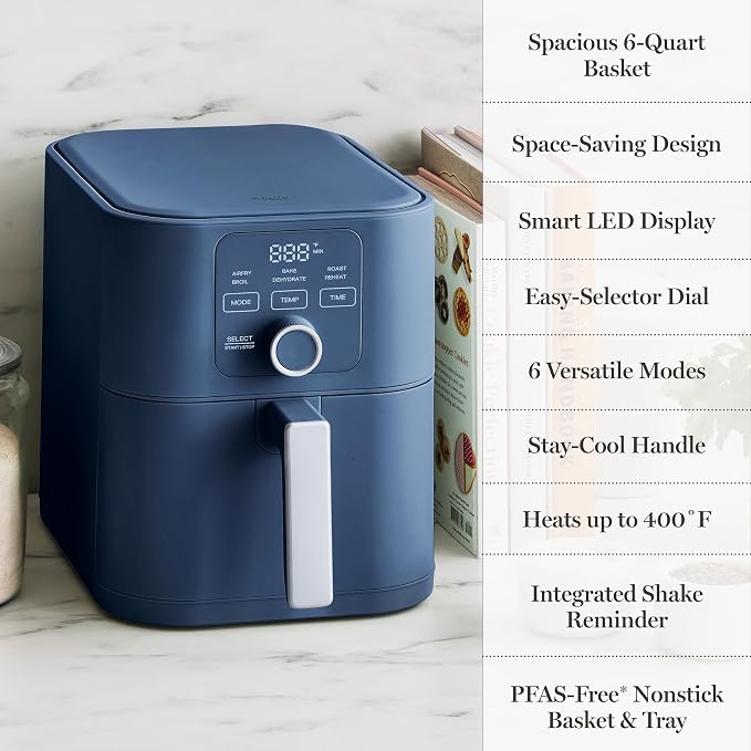 Martha Stewart 6-Quart Air Fryer, 6 Presets, Space Saving, Indigo Blue | 3lb Capacity, PFAS-Free Ceramic Nonstick Basket & Tray, Bake, Roast, Broil, Dehydrate, Reheat, Shake Reminder, Heat up to 400