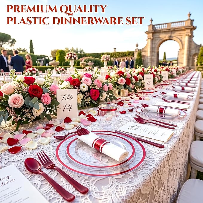 Glowserve 25 Guests 175 PCS Disposable Plastic Plates Clear Dinnerware Sets | 50 Plastic Plates,75 Silverware,25 Plastic Cups,25 Rolled Napkins,for Party Wedding,Red Rimmed Plates