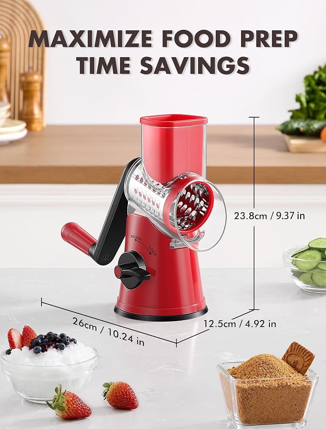 GDL Upgraded 5 in 1 Rotary Cheese Grater, Cheese Shredder Vegetable Slicer | 5 Stainless Steel Blades, Non-slip suction base, No BPA, Dishwasher Safe, Wavy Slicing, 12x Faster for Veggie, nut, ice