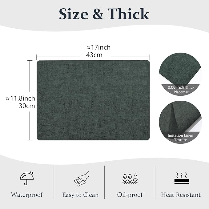 FROMHEART Faux Leather PU Placemats Set of 8 (Dark Green,11.8" x 17") | Waterproof,Heat/Oil Stain-Resistant Table Mat–Reversible,Non-Slip,Easy to Clean Place Mats for Kitchen,Dining,Indoor/Outdoor