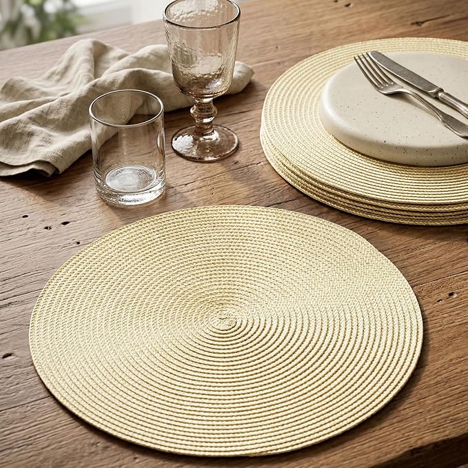 AHHFSMEI Round Placemats Set of 6 Heat Resistant Washable Non-Slip Woven Braided Table Mats for Dining Table Kitchen & Home Decor (Beige)