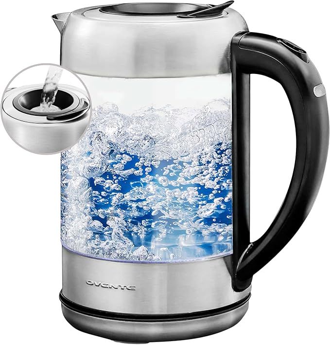 OVENTE 1.7L Glass Electric Kettle Water Boiler, Silver KG6120S | 1500W Fast Boiling, Easy Fill Lid, Borosilicate Glass, Blue LED Light, BPA-Free, Auto Shut-Off, Boil-Dry Protection