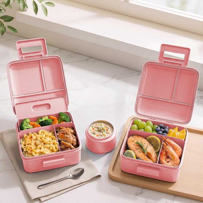 MAISON HUIS Bento Lunch Box with 8oz Soup Thermo, 5-Compartment Leak-Proof Container, Thermo Hot Food Jar and Insulated Lunch Bag, BPA Free,Travel, School (Pink Horse)