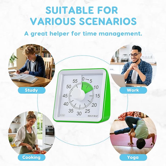Secura Visual Timer for Kids, 60 Minute Classroom Countdown Timer for Study | Non-Ticking, Adjustable Alarm Volume/Duration, Low Power Reminder, Time Management Tool for ADHD (Green & Green)