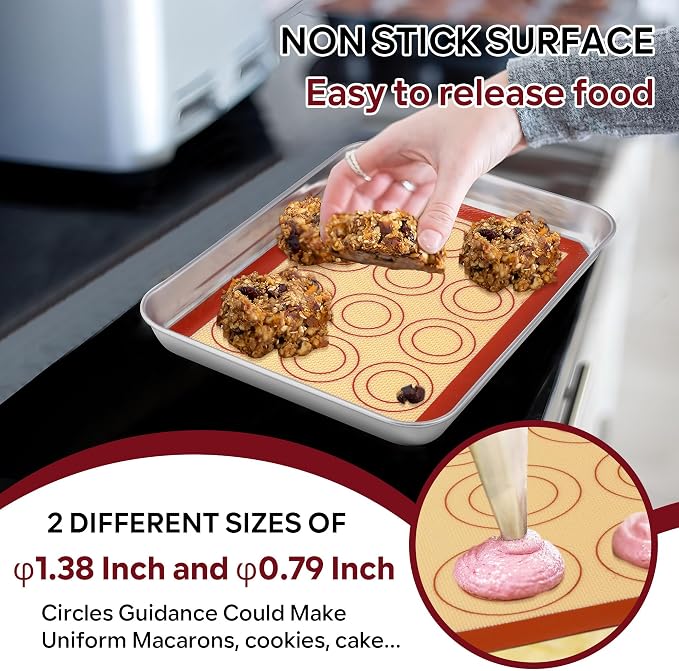 P&P CHEF 8.6 Inch Silicone Baking Mat, 2Pcs Non-stick Silicone Oven Mats | Reusable Baking Supplies for Macaroon Pastry Bread Dough Cookie Pizza, Good for Roasting Kneading, Fit Well with Sheet Pan