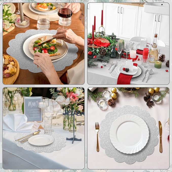 60 Pcs Silver Glitter Paper Placemats, Scalloped Disposable Placemat | 13.5 Inch Round Sparkle Table Place Mats Decorative Paper for Birthday Wedding Banquet Party