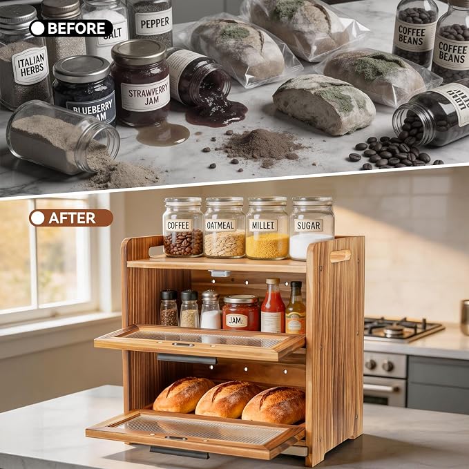 Bread Box for Kitchen Countertop, Large Wooden Breadbox with Cutting Board | Double Layer Bread Storage Container for Homemade Bread with Handles, Acrylic Window and Air Vents Keep Bread Fresh (Brown)
