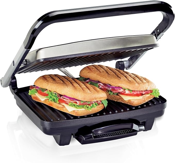Hamilton Beach Panini Press, Sandwich Maker & Electric Indoor Grill | Floating Hinge Evenly Cooks Any Sandwich | Locking Lid | PFAS-Free Non-Stick 8" x 10" Grids | Stainless Steel