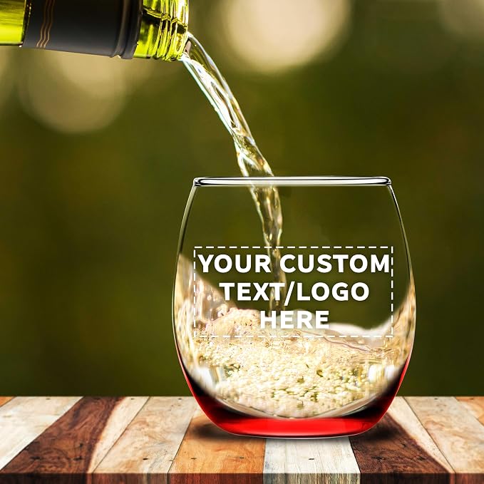 Custom Mikonos Stemless Wine Glasses 11.5 oz. Set of 10/50/100, Personalized Bulk Pack - Restaurant Glassware, Perfect for Red Wine, White Wine, Cocktails - Red