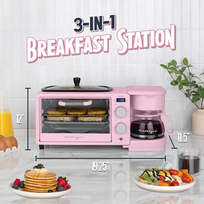 Nostalgia 3-in-1 Retro Breakfast Station - Includes 5 (4 Oz) Cup Coffee Maker, Non-Stick Ceramic Griddle, and 4-Slice Toaster Oven - Built-In Timer, Reusable Coffee Filter, Space-Saving Design - Pink