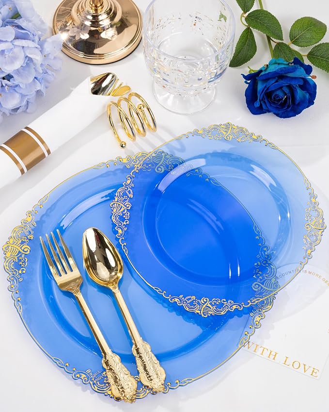 Nervure 175Pcs Blue Plastic Plates, Disposable Party Plates for 25 Guests | 25 7.5" Dessert & 25 10.25" Dinner Plastic Plates, 75 Gold Cutlery, 25 9oz Cups, 25 Napkin for Wedding & Party, Heavy-duty