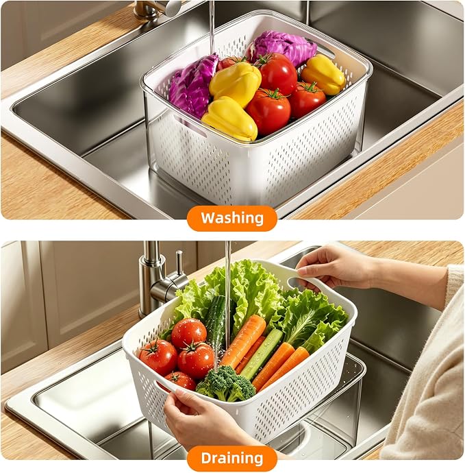 JOYZAN Fruit Storage Containers for Fridge with Airtight Lids 6 Pack | Airtight Food Storage Containers with Removable Colanders Fridge Organizers and Storage for Salad, Berry, Lettuce, Keeper
