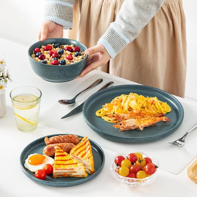 vancasso ZERMATT 24 Pieces Stoneware Dinnerware, Plates and Bowls Set for 8 | Dishes Set for 8 in Smoky Teal Reactive Glaze Stoneware, Kitchen Dinner Set, Microwave and Dishwasher Safe