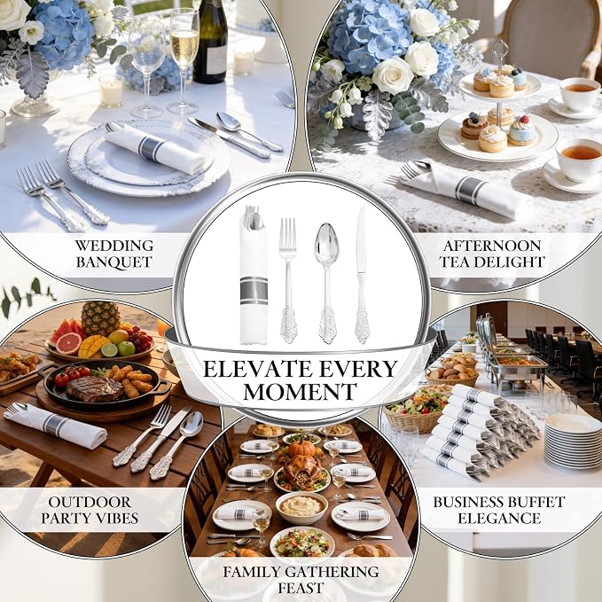 400PCS Pre Rolled Silver Plastic Silverware Sets Fancy for Wedding | Individually Wrapped Utensils, 100 Guests, Durable and Sturdy, BPA free, Includes Matching Napkins, for Formal Party Dinners