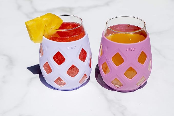 Ello Cru 17oz Stemless Wine Glass Set with Protective Silicone Sleeves, 4 Pack Cocktail Glass Perfect for Summer Patios and Parties Holiday Gifting Her Him Mother's Day, Dishwasher Safe, Cosmos