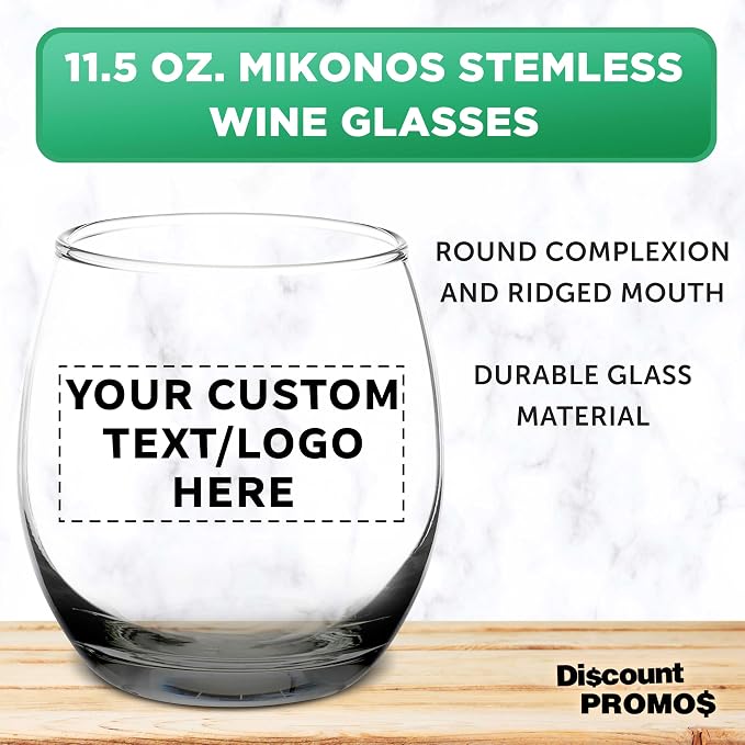 Custom Mikonos Stemless Wine Glasses 11.5 oz. Set of 10/50/100, Personalized Bulk Pack - Restaurant Glassware, Perfect for Red Wine, White Wine, Cocktails - Black