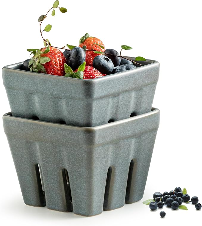 Gomakren Berry Bowl Set of 2, Ceramic Berry Basket, Square Fruit Bowls with Holes, Fruit Storage Containers for Kitchen Fridge, Cute Strawberry Basket for Berries, Grape, Cherry, Slate Blue