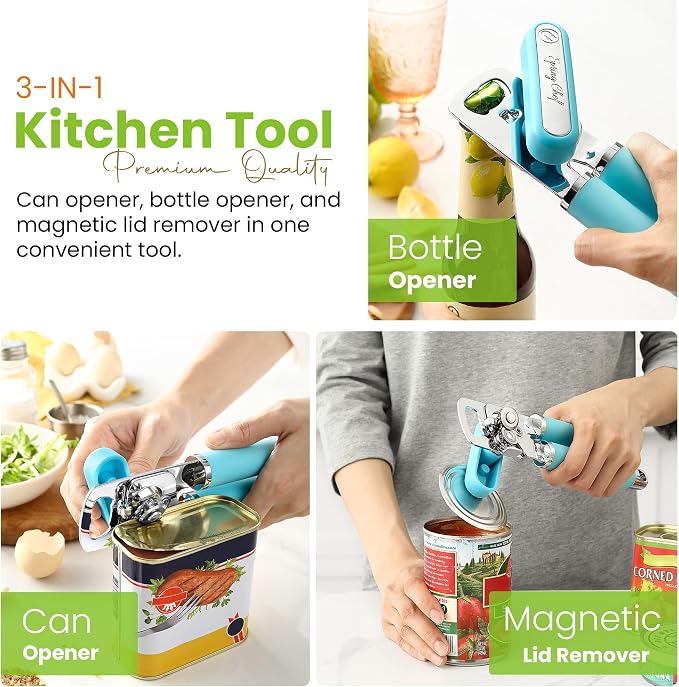 Spring Chef Stainless Steel Manual Can Opener w/Soft Grip Handle, Aqua Sky | Heavy Duty Hand Can Opener for Seniors with Smooth Edge, Easy Turn, 3in1 Can Opener with Magnetic Lid Remover & Bottle Opener