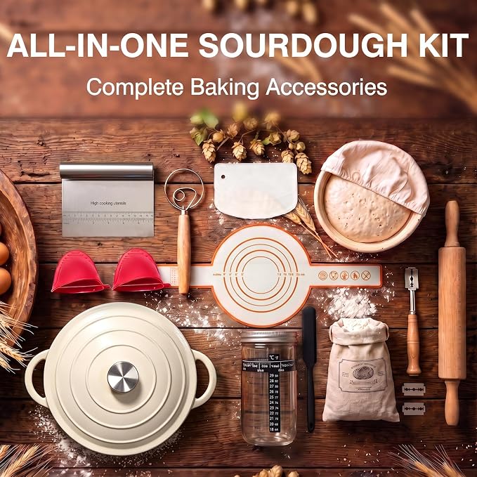 Enameled Cast Iron Dutch Oven Pot with Lid 5.5QT, Sourdough Bread Baking Supplies with Banneton Bread Proofing Basket Set & Starter Jar, Unique Dutch Oven for Bread Baking (Cream White)