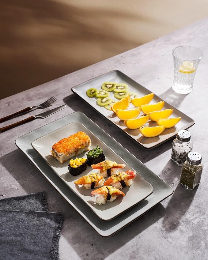 Famiware Serving Platters Set of 3 Sizes - Rectangular, Grey | 15.67"/14.1"/12.6" Fine Stoneware Serving Trays for Party, Entertaining for Food, Turkey, Cheese, Microwave Dishwasher Safe