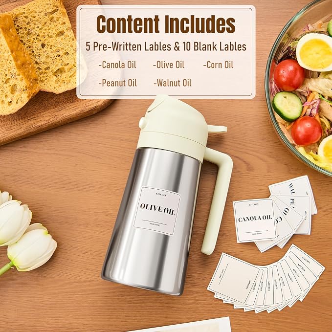 PARACITY Stainless Steel Oil Dispenser Bottle, 2-in-1 Sprayer, 16 oz, White | Ceramic interior supports fine mist or smooth pouring; drip-control spout suits cooking, BBQ, air fryer, salads, and baking.