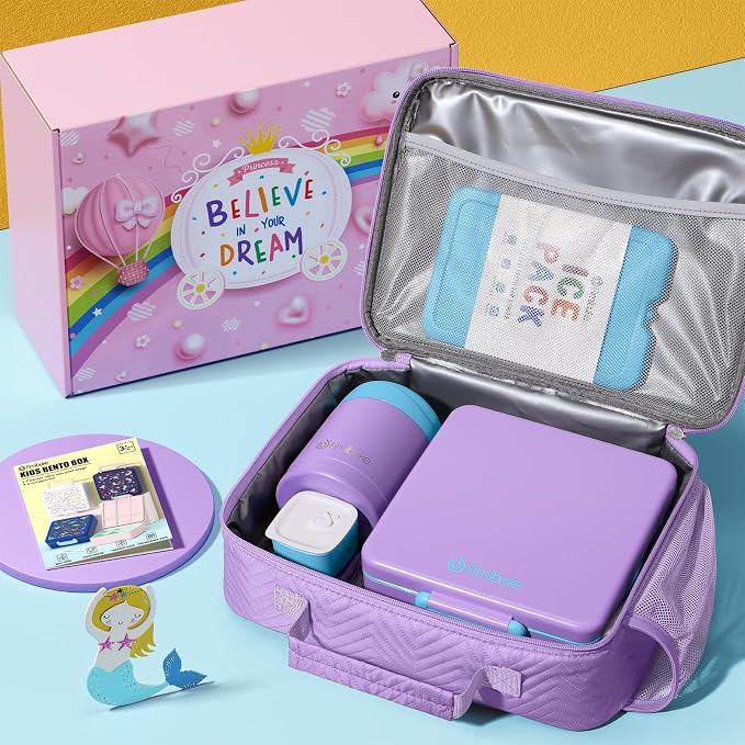 Fimibuke Kids Bento Snack Lunch Box with Thermo Insulated Toddler Lunch Bag | Lunch Box Kids with 4 Compartment, Food Jar, Ice Pack, Utensils, Birthday Gifts for Ages 3-12 Back to School Toddler Girl Boy