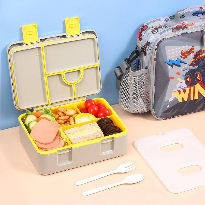 rockpapa Chill Bento Box for Kids- Large 5.5 Cups Lunch Box with Ice Pack - 5 Compartments, BPA-Free, Leak Proof, with Utensils & Portable Handle, Microwave/Dishwasher Safe (Grey Trucks)