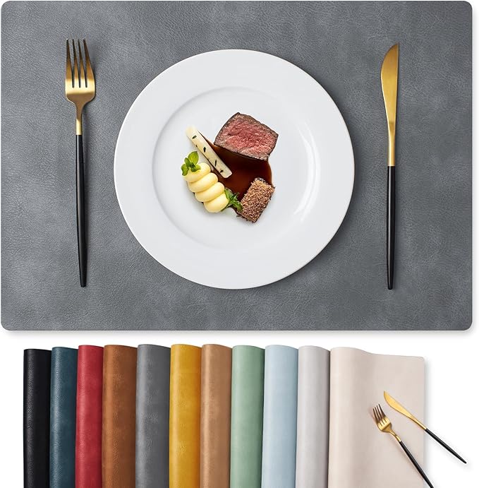 MOSAYT Vinyl Placemats Set of 4-12 X 17 Inch - Faux Leather 100% Waterproof Oil-Proof Wipeable PU Place Mats, Heat Resistant Reversible Table Mats for Kitchen, Dining, Outdoor, Grey