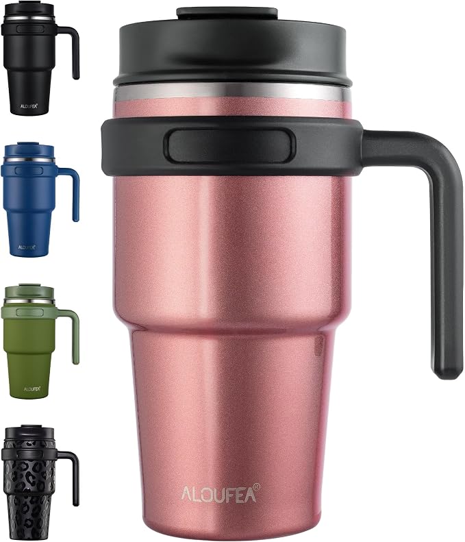 20 oz Insulated Travel Coffee Mug Tumbler with Handle and Straw | Leakproof Stainless Steel Coffee Cup with Lid, Double Wall Vacuum Ice Thermal Cup, Rose Gold