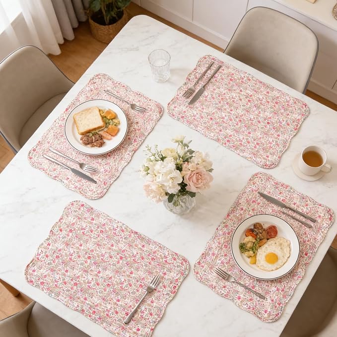 Quilted Placemats Set of 4 18"X13" Cotton Placemats Washable Cloth Table Mats for Kitchen Table (Floral Print)