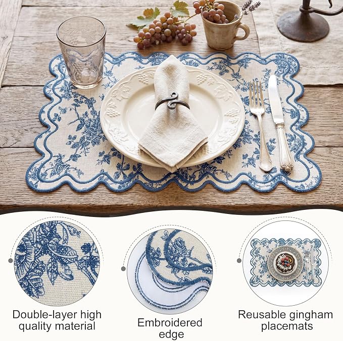 Linen Placemats Set of 12 Scalloped Placemat 13 X19 Wavy Embroidery Double Layered Washable Farmhouse Dinner Fabric Table Mat Napkin for Wedding Party Restaurant(Floral,Blue)