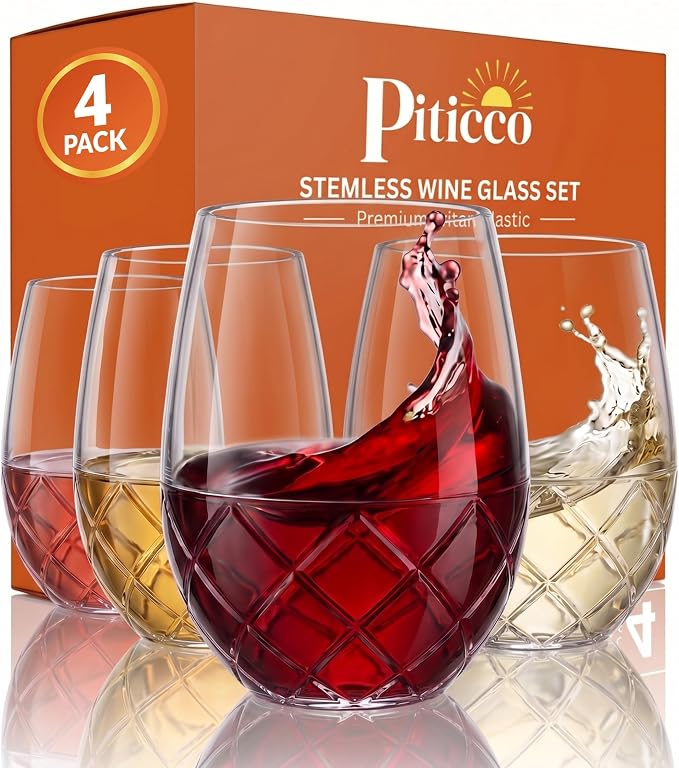 Unbreakable Plastic Stemless Wine Glass - 16 oz Set of 4 | Tritan Plastic, Shatterproof & Reusable Drinkware Perfect for Outdoor, Pool, Camping & Everyday Use