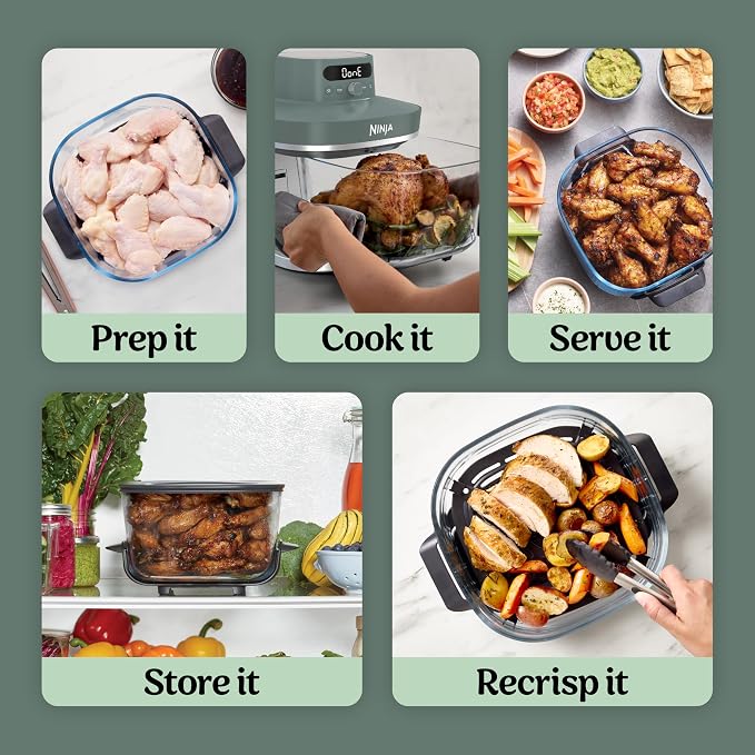 Ninja Crispi Pro 6-in-1 Glass Air Fryerk, Nontoxic, 6qt & 2.5qt Containers & Lids, Microwave, Freezer, Dishwasher Safe, Max Crisp, Air Fry, Bake, Roast, Recrisp, Dehydrate, Grey (Renewed)