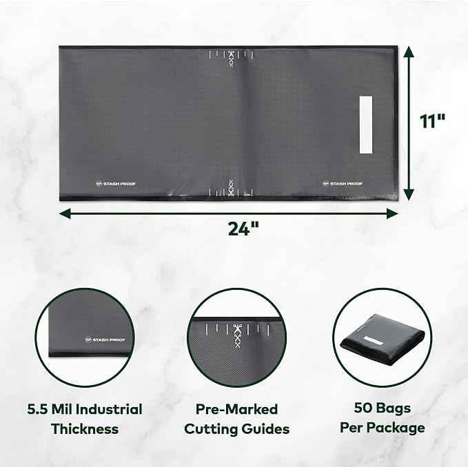Vacuum Seal Bags 11" x 24" (50 Count) 5.5 Mil (Black & Clear) BPA Free Precut Heavy-Duty Commercial Grade Sealer Bags, Food Saver, Sous Vide, Meal Prep, Freezer Storage & Food Preservation