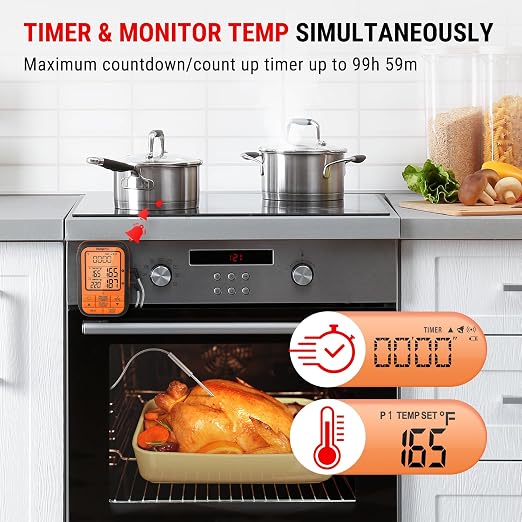 TempPro TempSync 500FT Wireless Meat Thermometer for Grilling and Smoking | RF Technology, 2 Probes, Alarms, Large Backlit Display, Smoker BBQ Kitchen Food Thermometer for Meat Turkey Cooking Gift