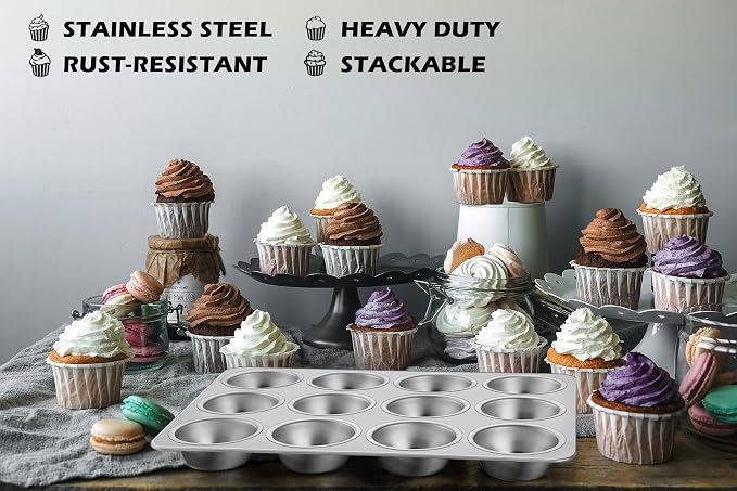 Leonyo Non-Toxic Stainless Steel Muffin Pan Metal Cupcake Pan 12 Cup | Standard Size Metal Muffin Tin Tray for Baking Cupcake Quiches, Dishwasher Oven Safe