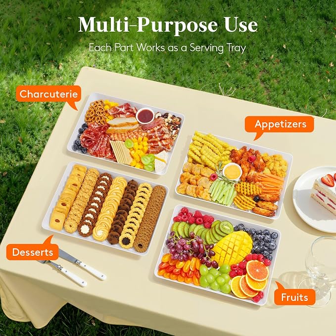 Lifewit 8 Pcs Large Serving Tray for Party, 15" x 10" Reusable Plastic Food Serving Platter for Dessert, Fruit, Cookies, Appetizers & Charcuterie, BPA-Free White Catering Trays for Buffets Display