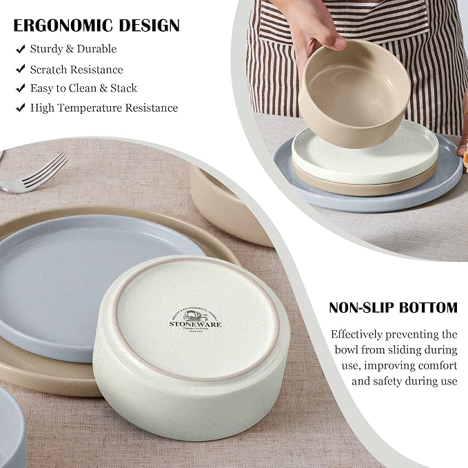 E-far Dinnerware Sets for 6, 18-Piece Stoneware Plates and Bowls Sets | Modern Kitchen Dining Dishware, Chip and Scratch Resistant, Microwave & Dishwasher Safe, Speckled Multicolor