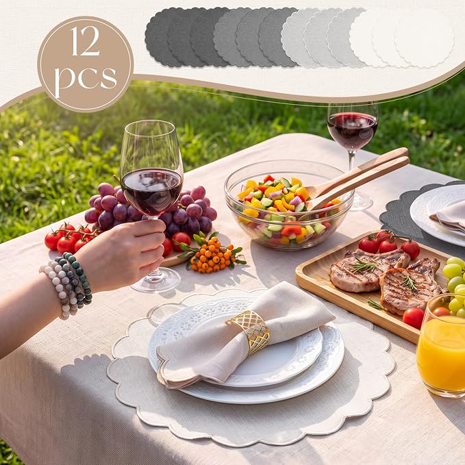 Set of 12 Gray Cotton Placemats 15" Round Scalloped | Double Layered Cotton Fabric, Washable Embroidery, Classic Edge, Rustic Table Mats for Wedding Dining Table Decor