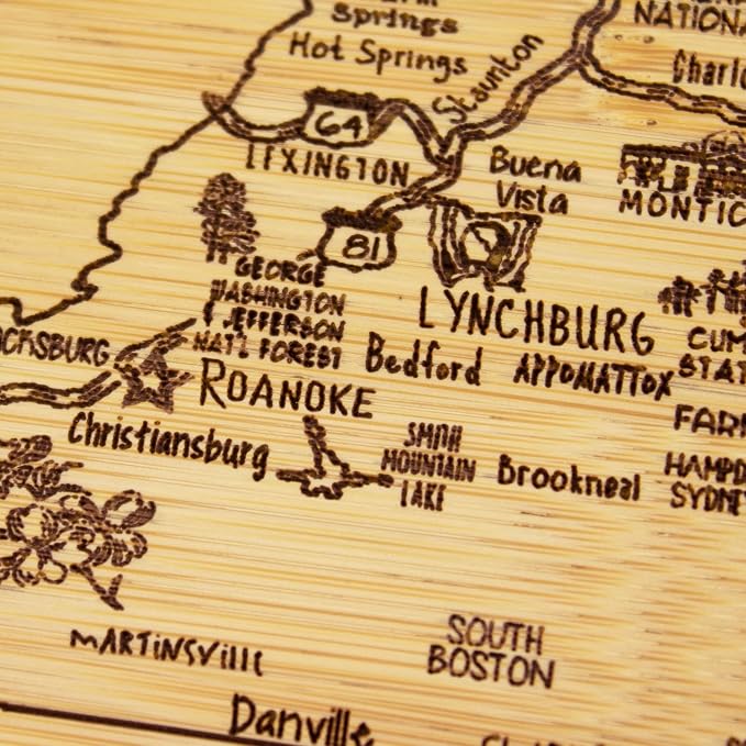 Totally Bamboo A Slice of Life Virginia Engraved Map Cutting Board | 11” x 8.75” charcuterie board with engraved state map artwork. Smooth reverse side for food prep. Hang tie for wall display.