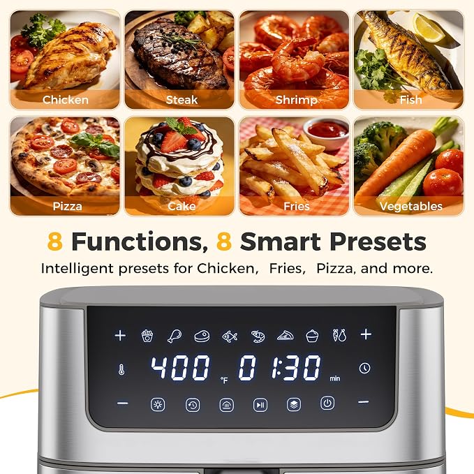 NEWBULIG Air Fryer 6.34QT Airfryer with Visible Window 400℉ Fast Heating Stainless Steel Air Fryers Oven with Nonstick and Dishwasher-Safe Basket 8-in-1 Cooking Preset with Timer Auto-Off